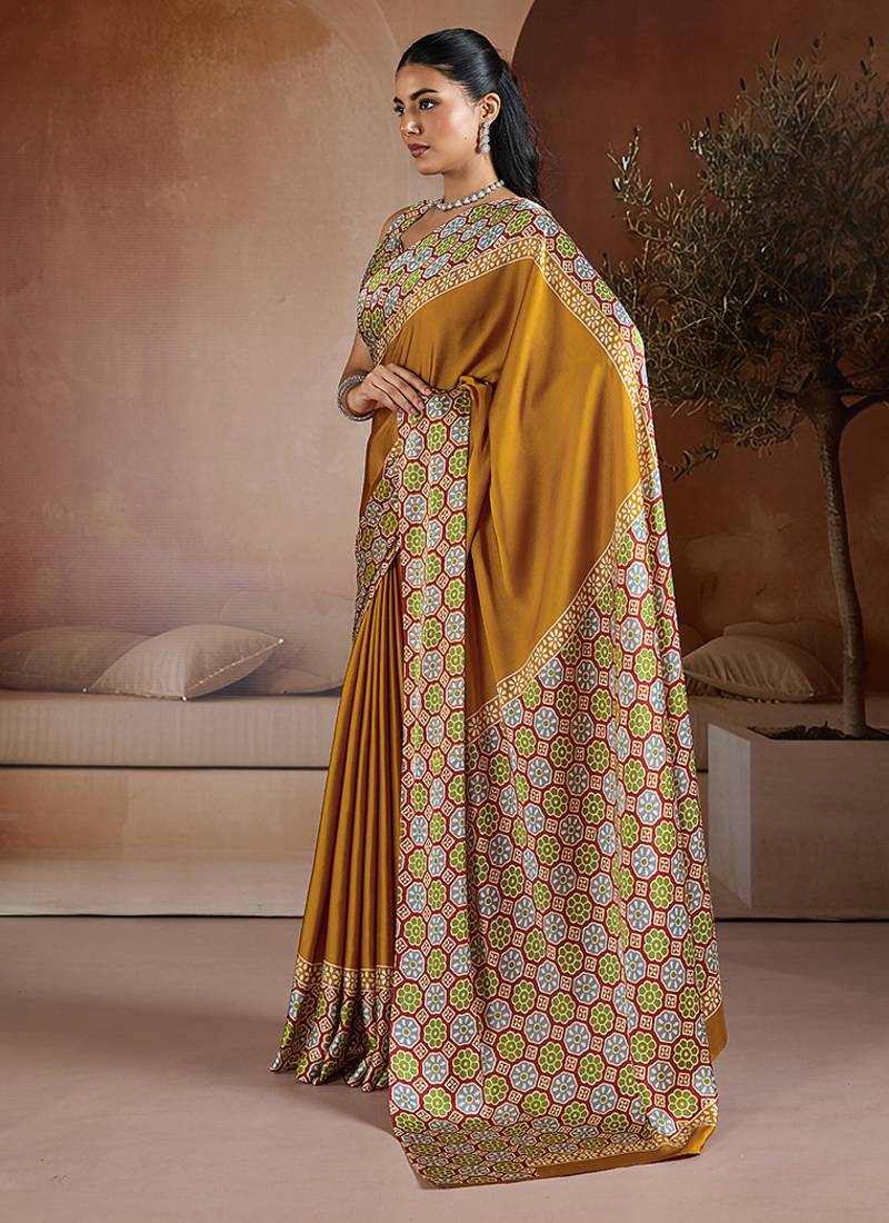 Mustard printed satin saree