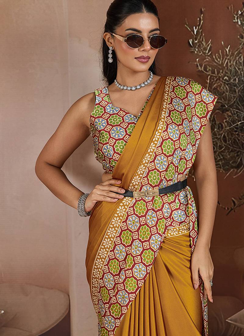 Mustard printed satin saree