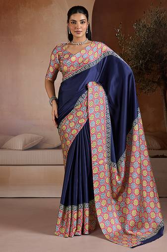 Navy blue printed satin saree