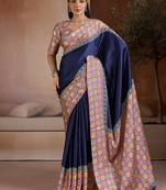 Navy blue printed satin saree