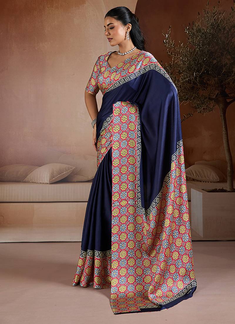Navy blue printed satin saree