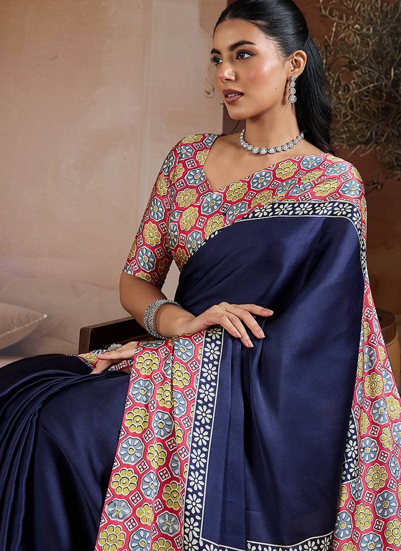 Navy blue printed satin saree