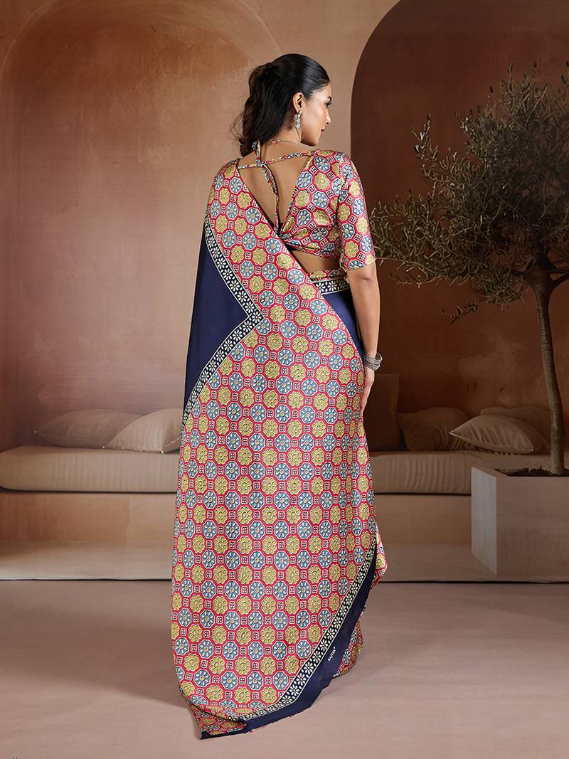 Navy blue printed satin saree