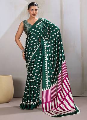 Dark green printed satin saree 1