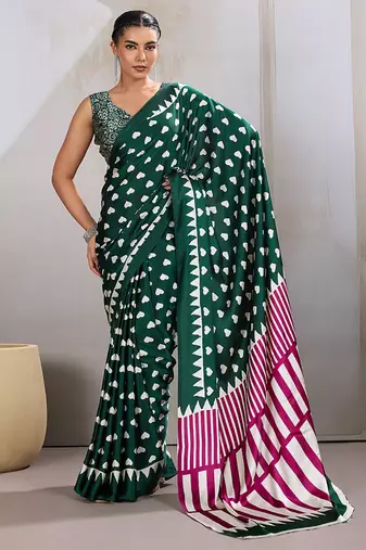 Dark green printed satin saree
