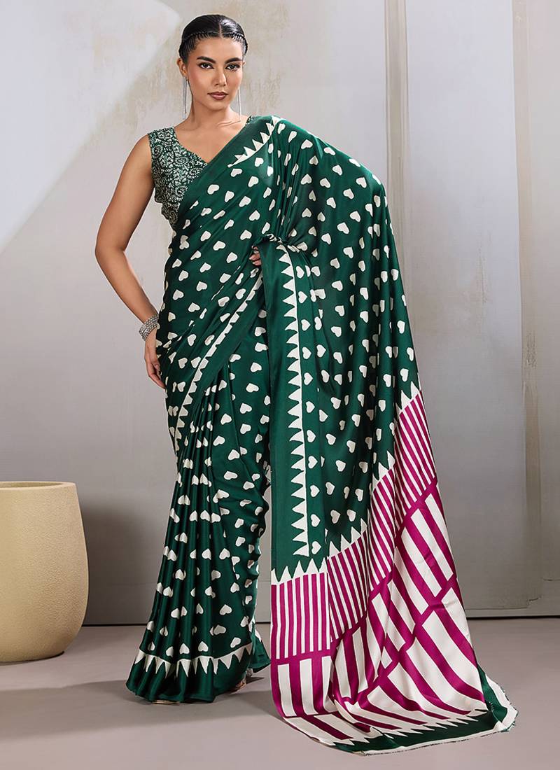 Dark green printed satin saree