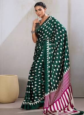 Dark green printed satin saree 2