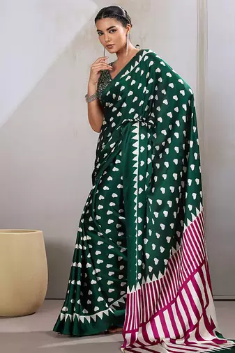 Dark green printed satin saree