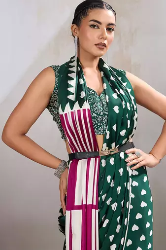 Dark green printed satin saree