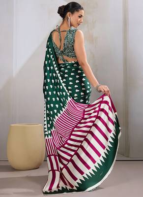 Dark green printed satin saree 4