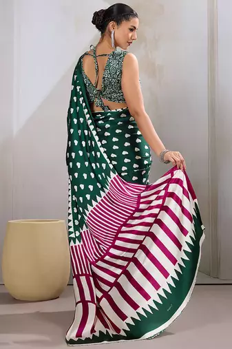 Dark green printed satin saree