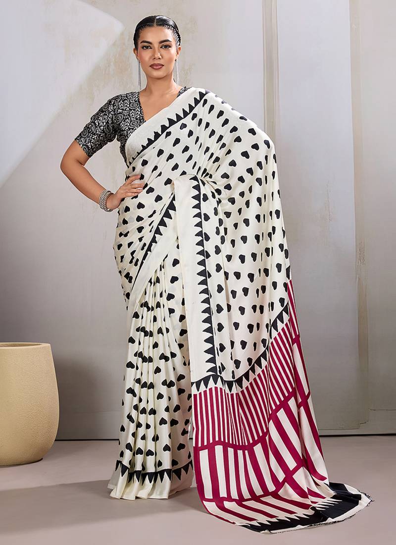 White printed satin saree