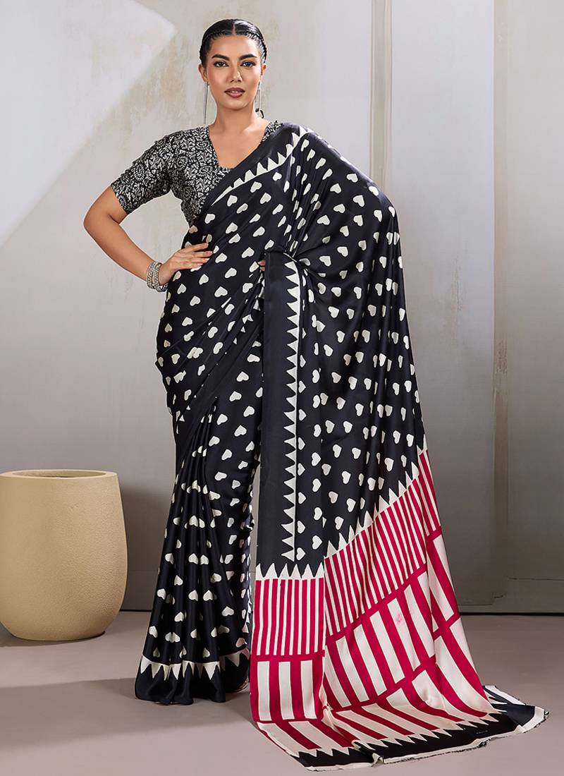 Black printed satin saree