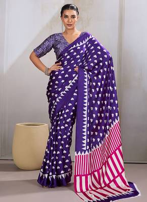 Violet printed satin saree 1