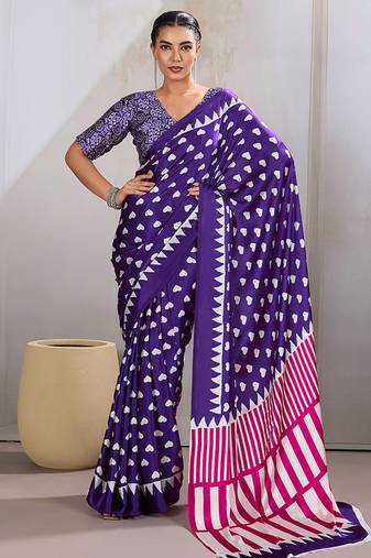 Violet printed satin saree