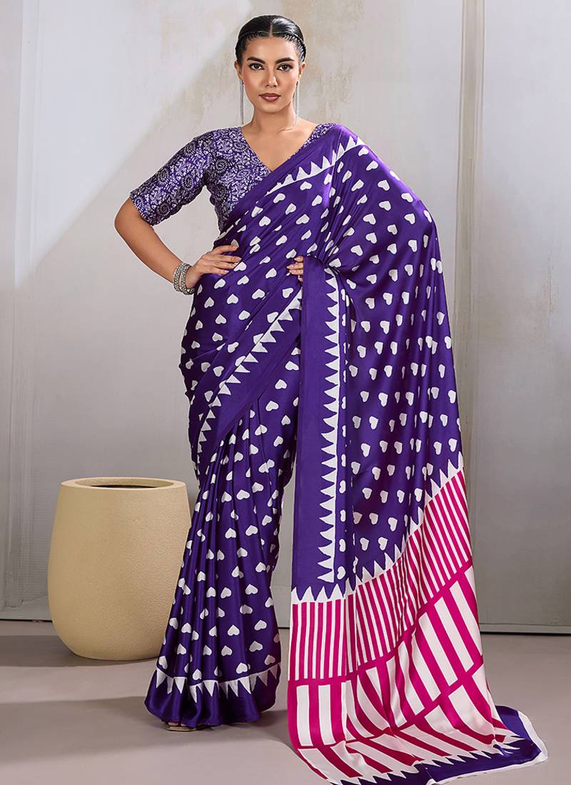 Violet printed satin saree