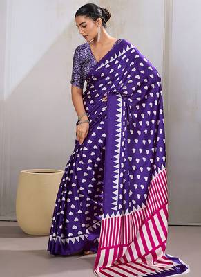 Violet printed satin saree 2