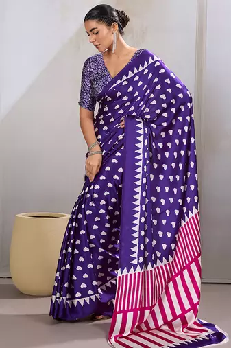 Violet printed satin saree