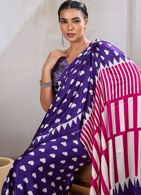 Violet printed satin saree 3