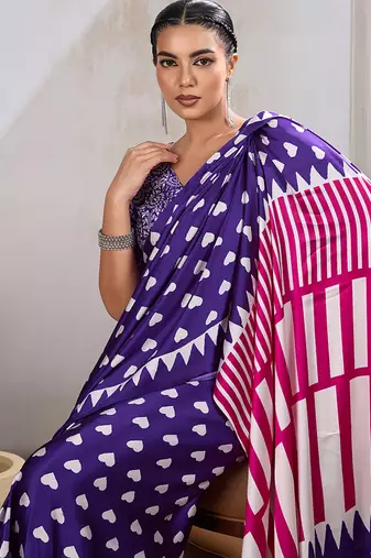 Violet printed satin saree