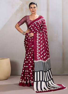 Maroon printed satin saree 1