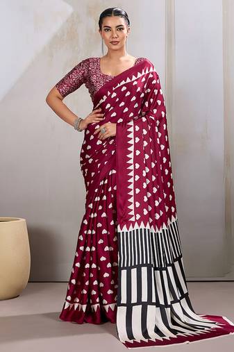 Maroon printed satin saree