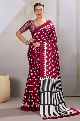 Maroon printed satin saree