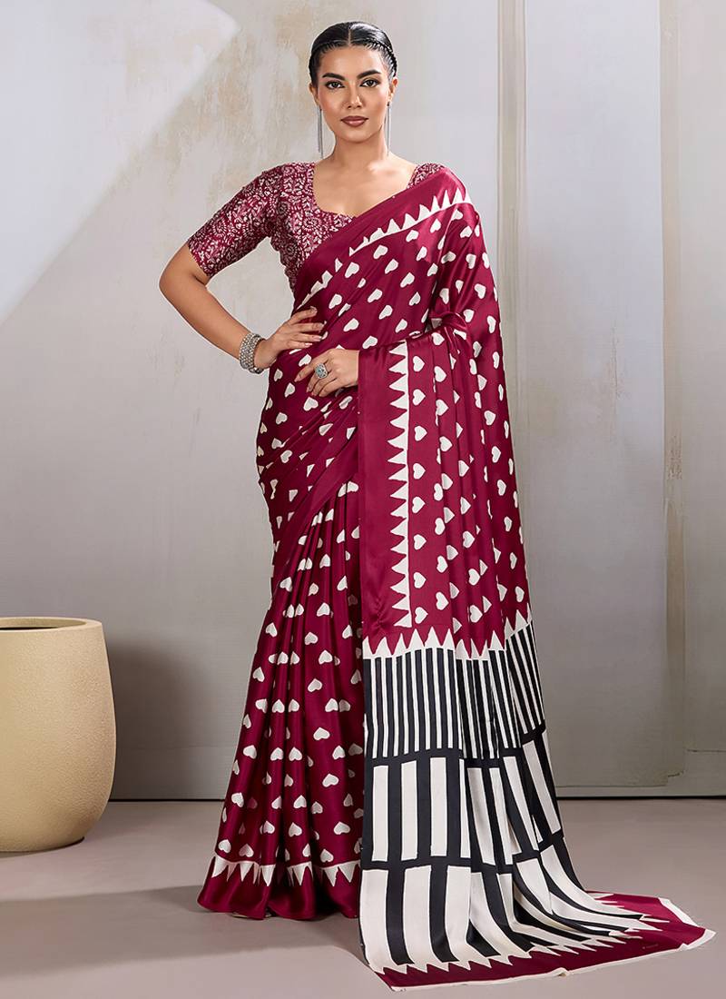 Maroon printed satin saree