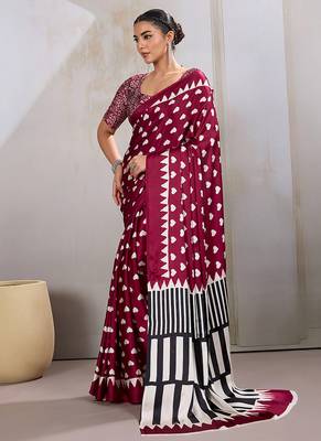 Maroon printed satin saree 2