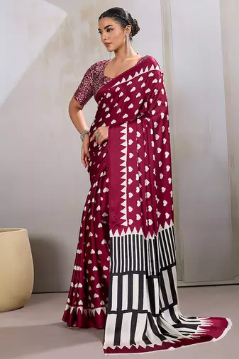 Maroon printed satin saree