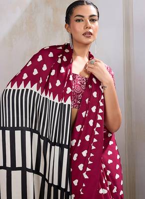 Maroon printed satin saree 3