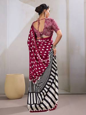 Maroon printed satin saree 4
