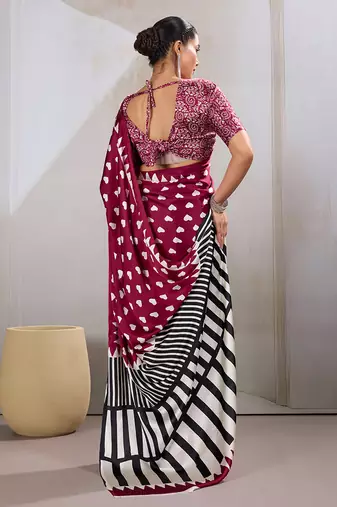 Maroon printed satin saree