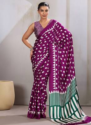 Dark magenta printed satin saree 1