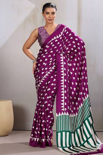 Dark magenta printed satin saree
