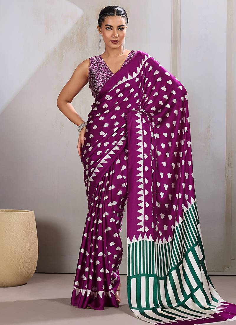 Dark magenta printed satin saree