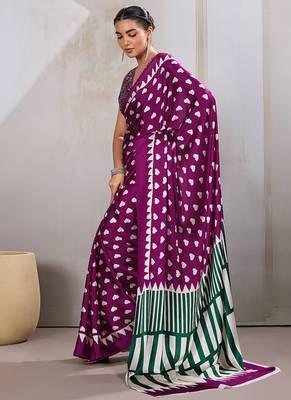 Dark magenta printed satin saree 2