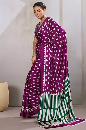 Dark magenta printed satin saree