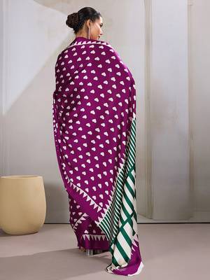 Dark magenta printed satin saree 4