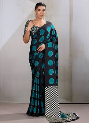 Black & teal satin printed saree 1