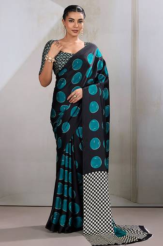 Black & teal satin printed saree