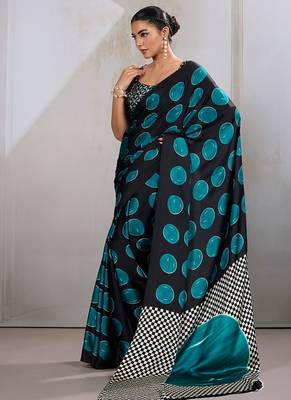 Black & teal satin printed saree 2