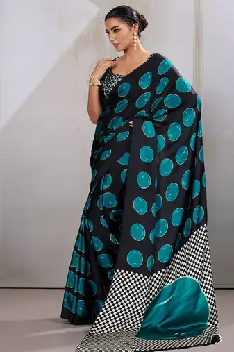 Black & teal satin printed saree