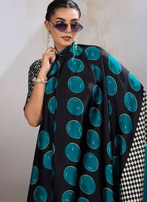 Black & teal satin printed saree 3