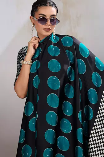 Black & teal satin printed saree