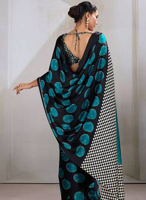 Black & teal satin printed saree 4
