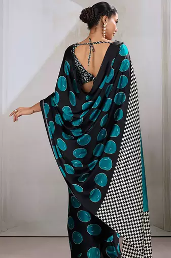 Black & teal satin printed saree