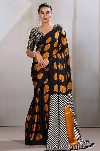 Black & orange satin printed saree