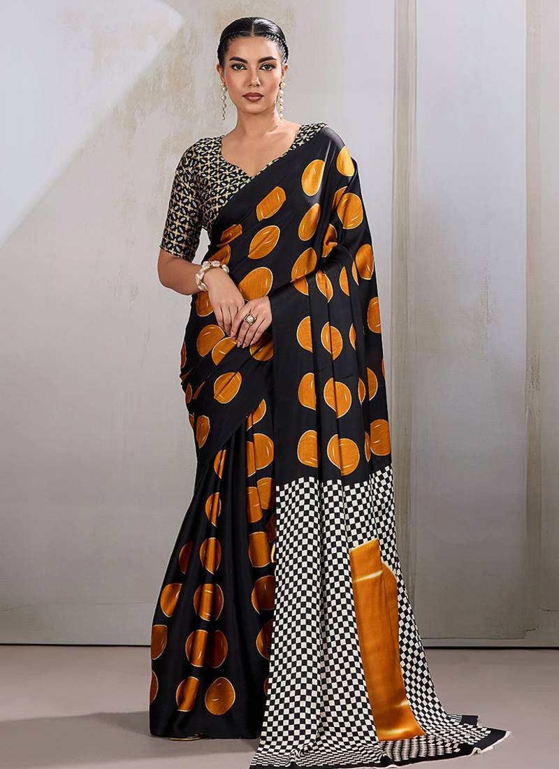Black & orange satin printed saree
