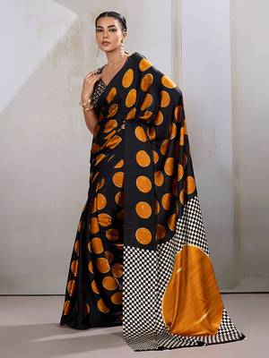 Black & orange satin printed saree 2